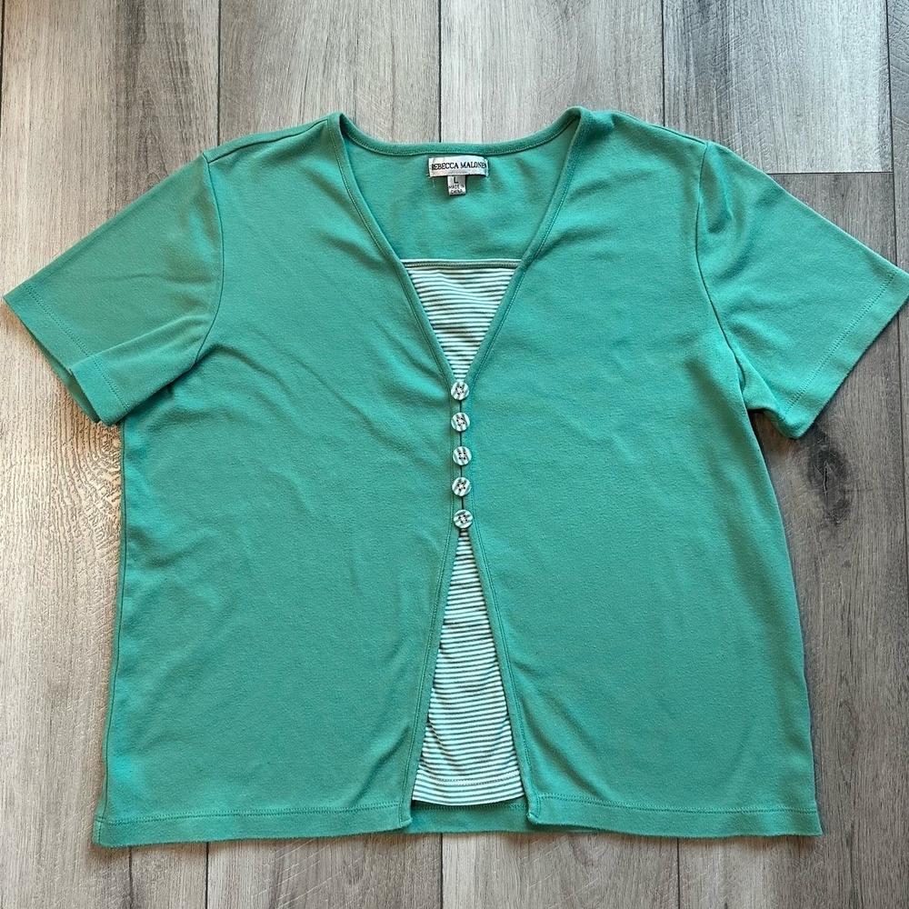 Rebecca Malone Womens Short Sleeve Large Green Top Layered Look Stripes